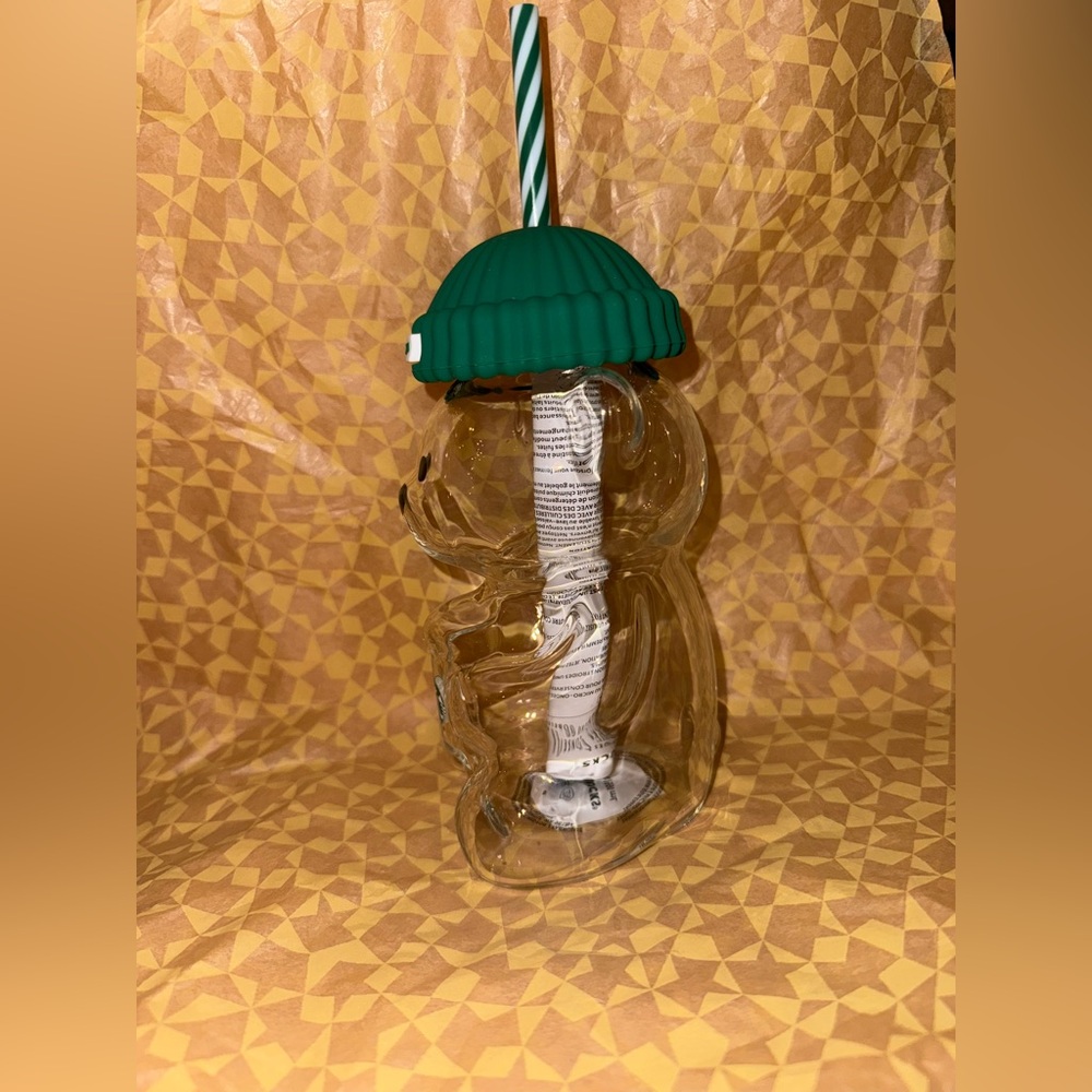 Starbucks Glass Bear Cup with Green Lid and Striped Straw, Bearista - Picture 4 of 5